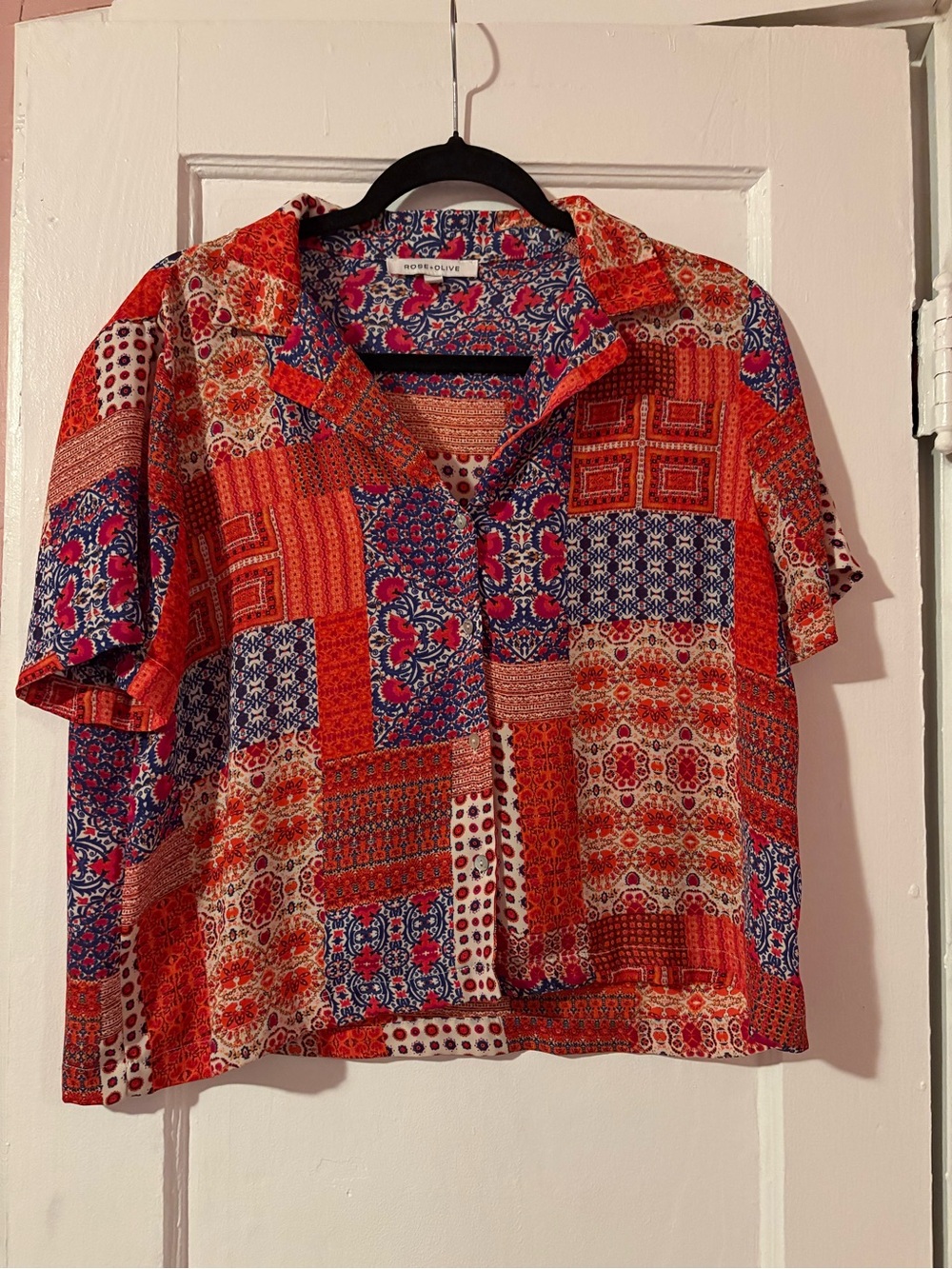 Rose + Olive Vibrant Boho Patchwork Cropped Button Up Top L
